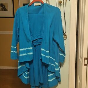 Turquoise and white-trimmed pants set, XL, heavy gauze